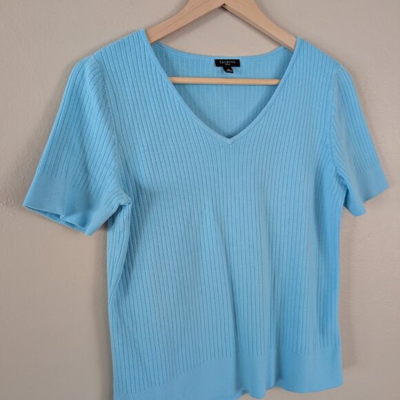 Talbots Blue Ribbed V-Neck Sweater Short Sleeve Layer‎ Classic Transitional MP - Picture 5 of 8